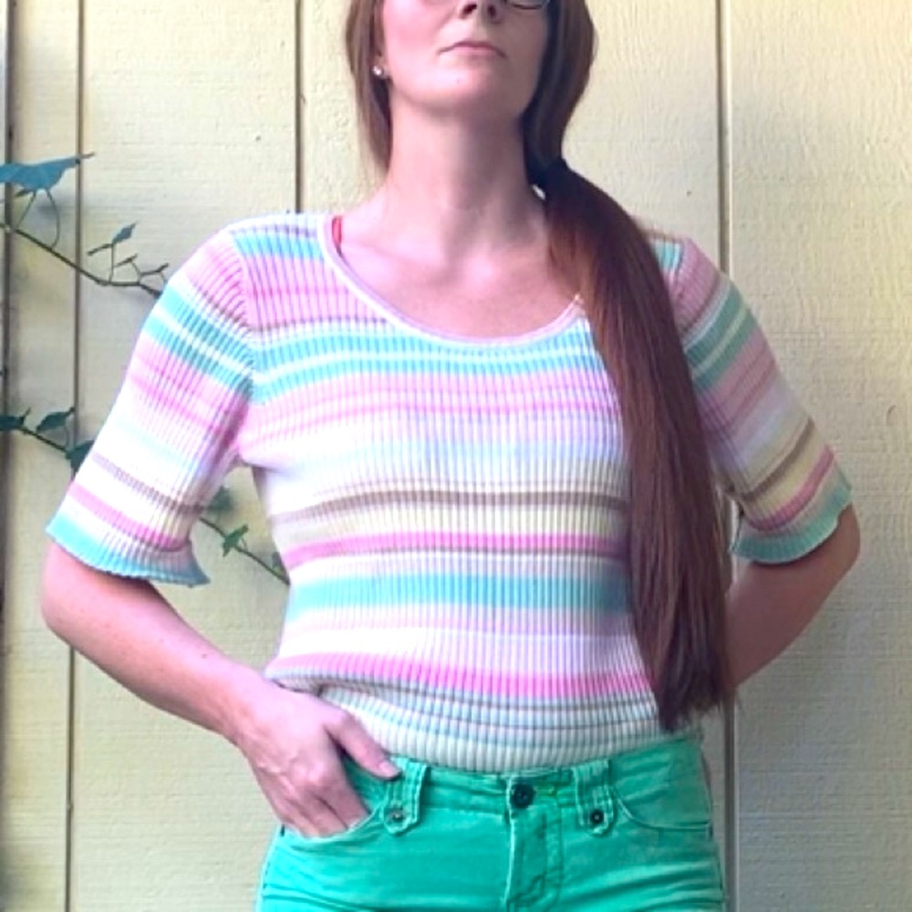 VINTAGE Liz Claiborne Sweater elbow sleeve Pastel Rainbow striped ribbed cotton - Picture 1 of 12